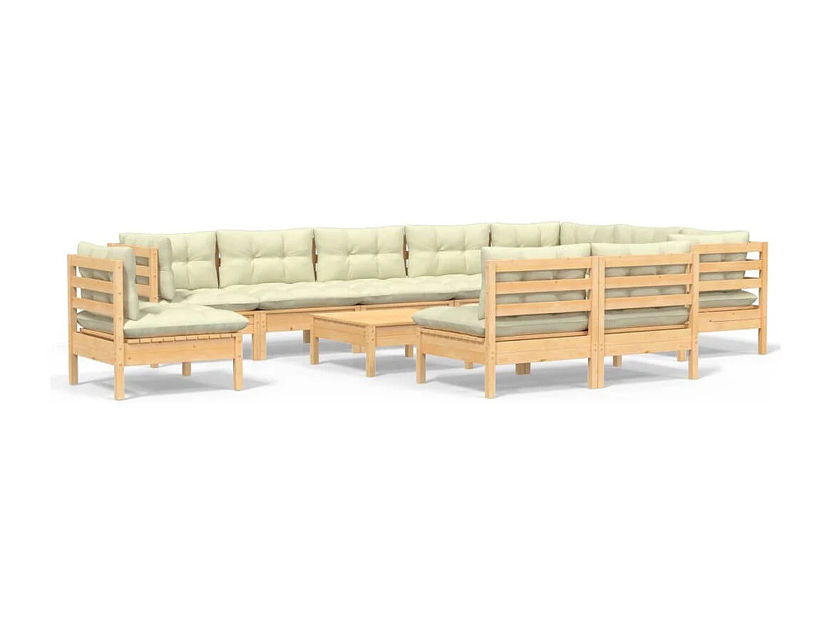 11 pcs conjunto lounge jardim c/ almofadões creme pinho maciço
