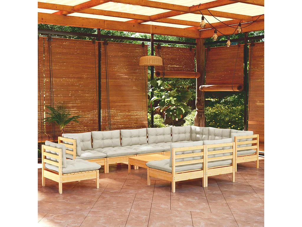 11 pcs conjunto lounge jardim c/ almofadões creme pinho maciço