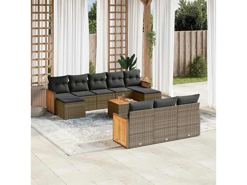 Garden Furniture - 11-tlg. Garten-Sofagarnitur mit Kissen Grau Poly Rattan