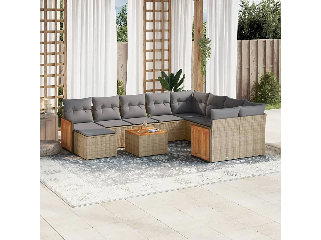 11 pcs conjunto sofás de jardim c/ almofadões vime PE bege