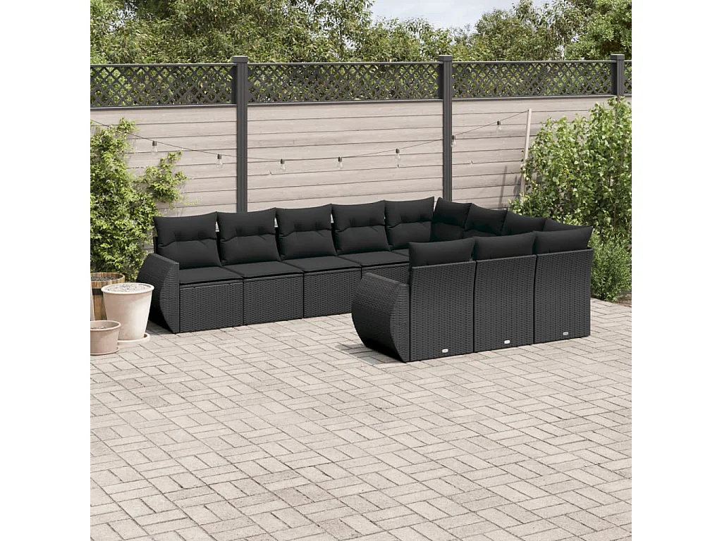 10 pcs conjunto sofás de jardim c/ almofadões vime PE preto