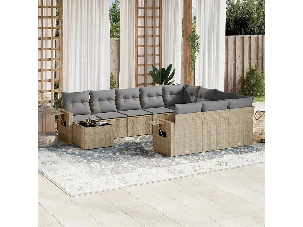 Garden Furniture - 11-tlg. Garten-Sofagarnitur mit Kissen Beige Poly Rattan