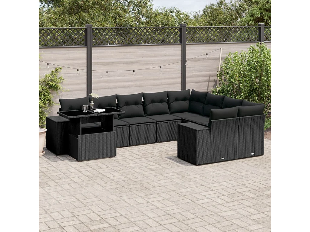 Garden Furniture - 10-tlg. Garten-Sofagarnitur mit Kissen Schwarz Poly Rattan