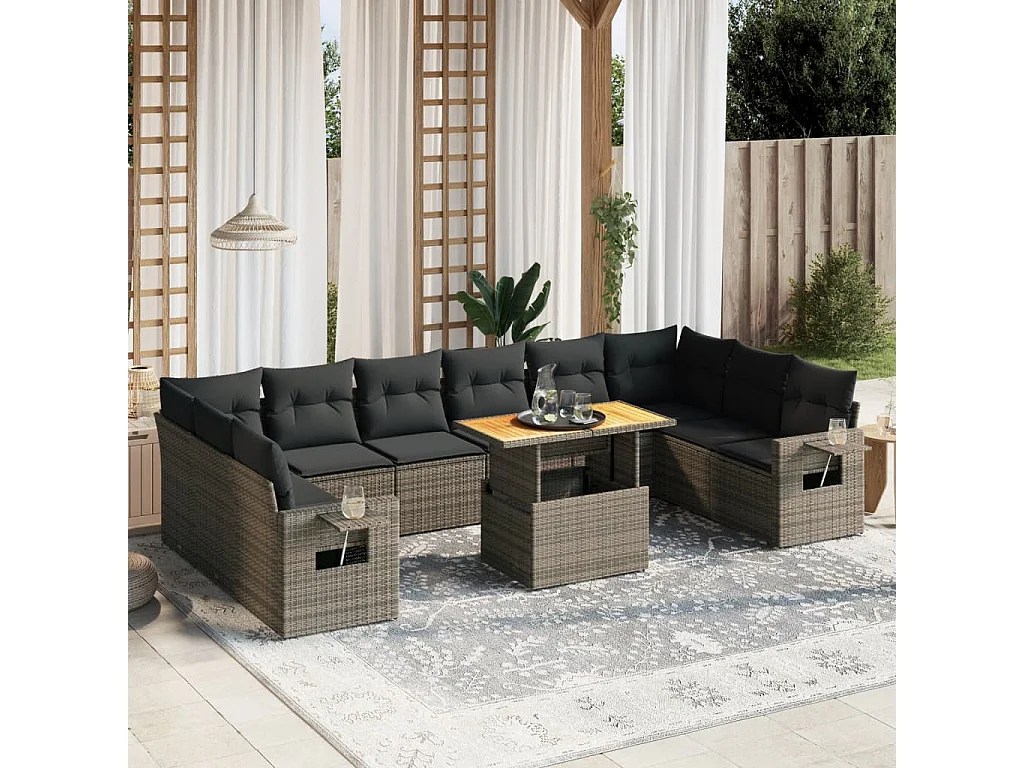 Garden Furniture - 11-tlg. Garten-Sofagarnitur mit Kissen Grau Poly Rattan