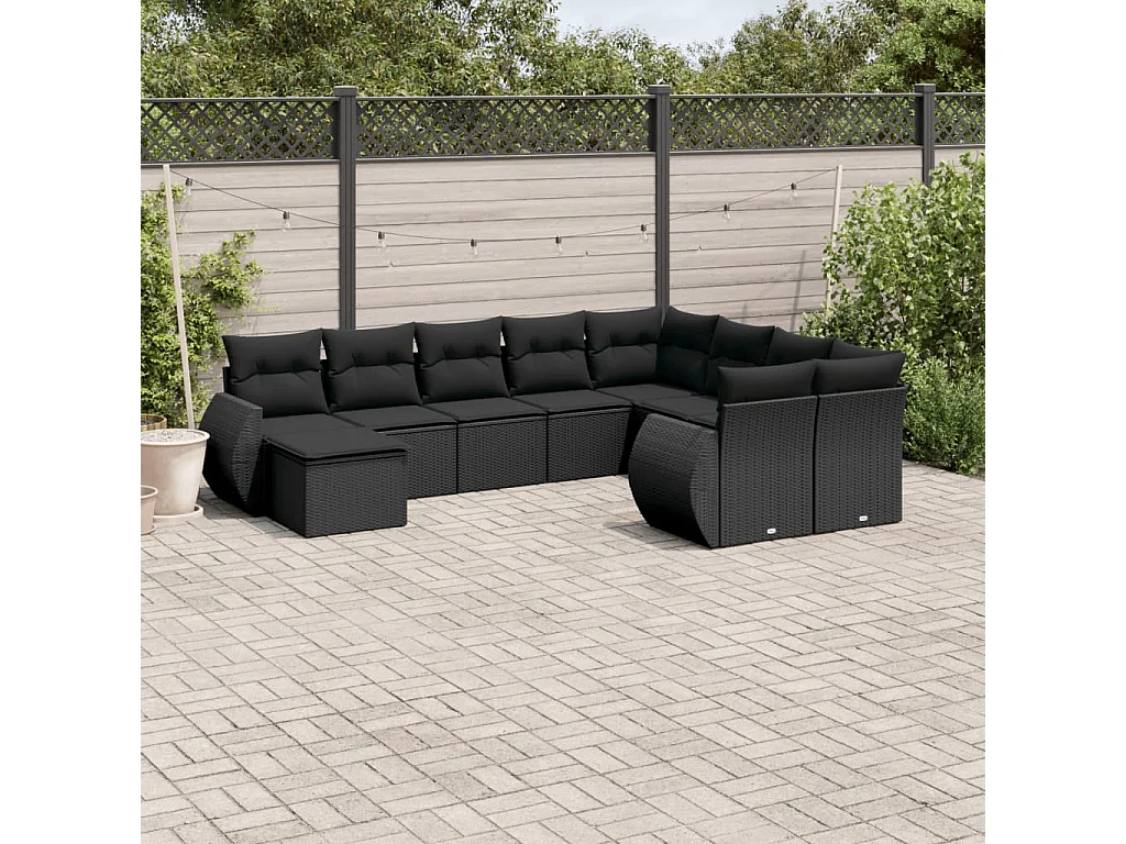 Garden Furniture - 10-tlg. Garten-Sofagarnitur mit Kissen Schwarz Poly Rattan