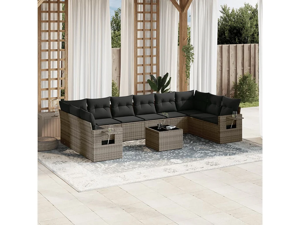 Garden Furniture - 11-tlg. Garten-Sofagarnitur mit Kissen Grau Poly Rattan