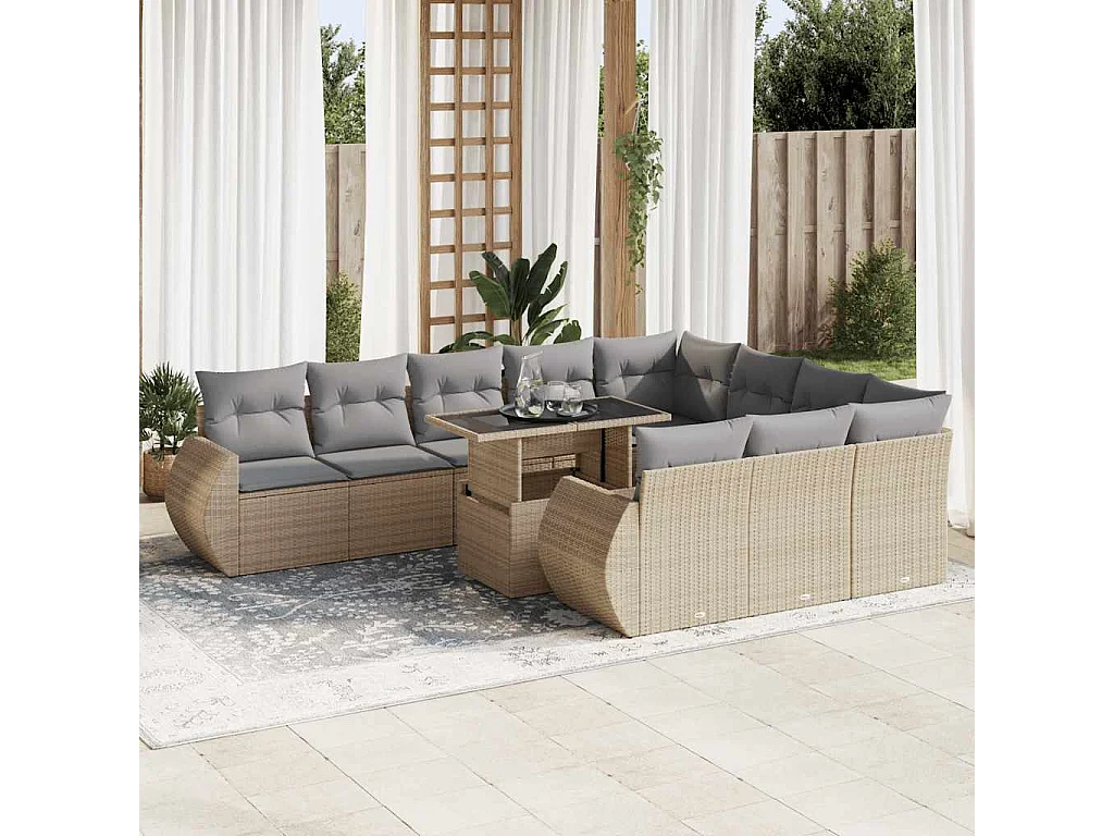 Garden Furniture - 11-tlg. Garten-Sofagarnitur mit Kissen Beige Poly Rattan
