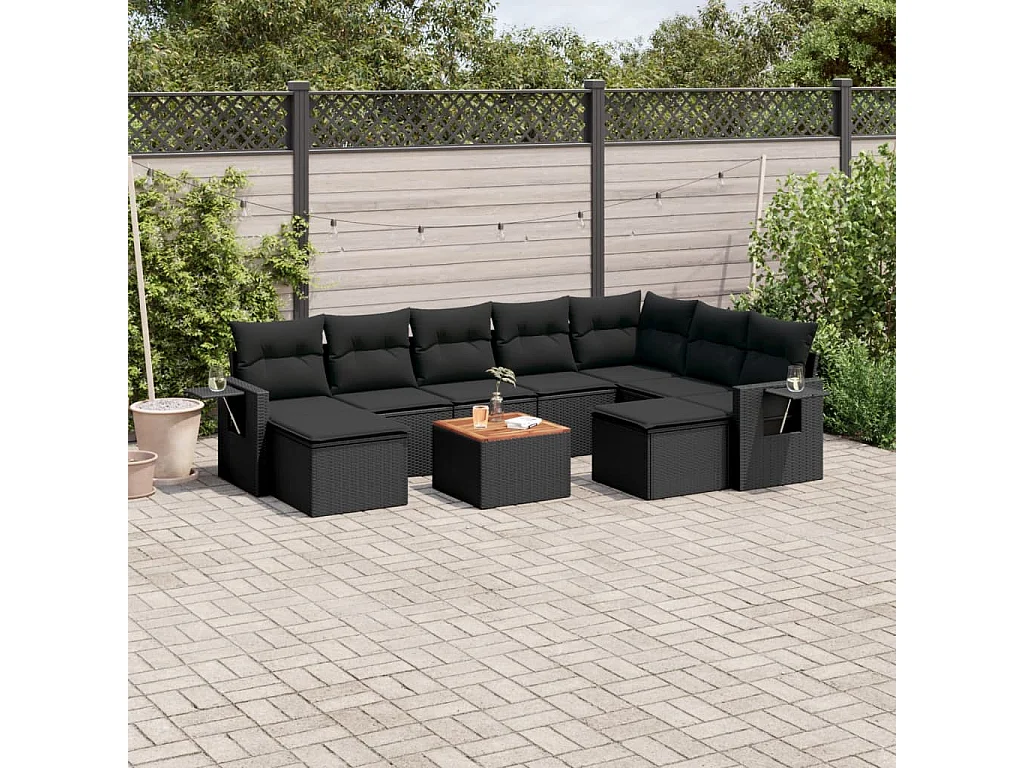Garden Furniture - Set Divani da Giardino 10pz con Cuscini in Polyrattan Nero