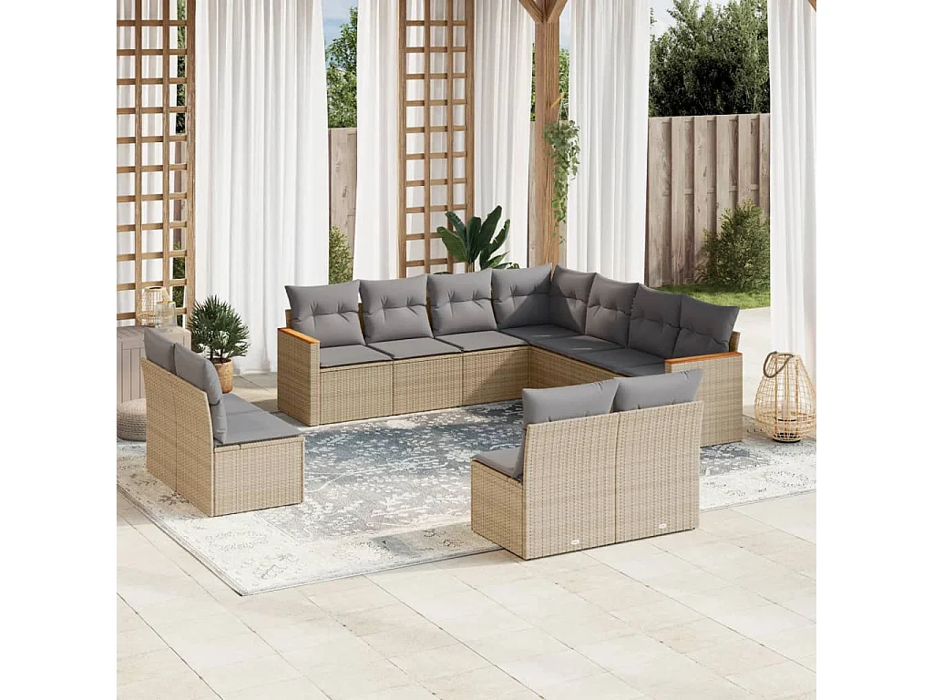 Garden Furniture - 11-tlg. Garten-Sofagarnitur mit Kissen Beige Poly Rattan
