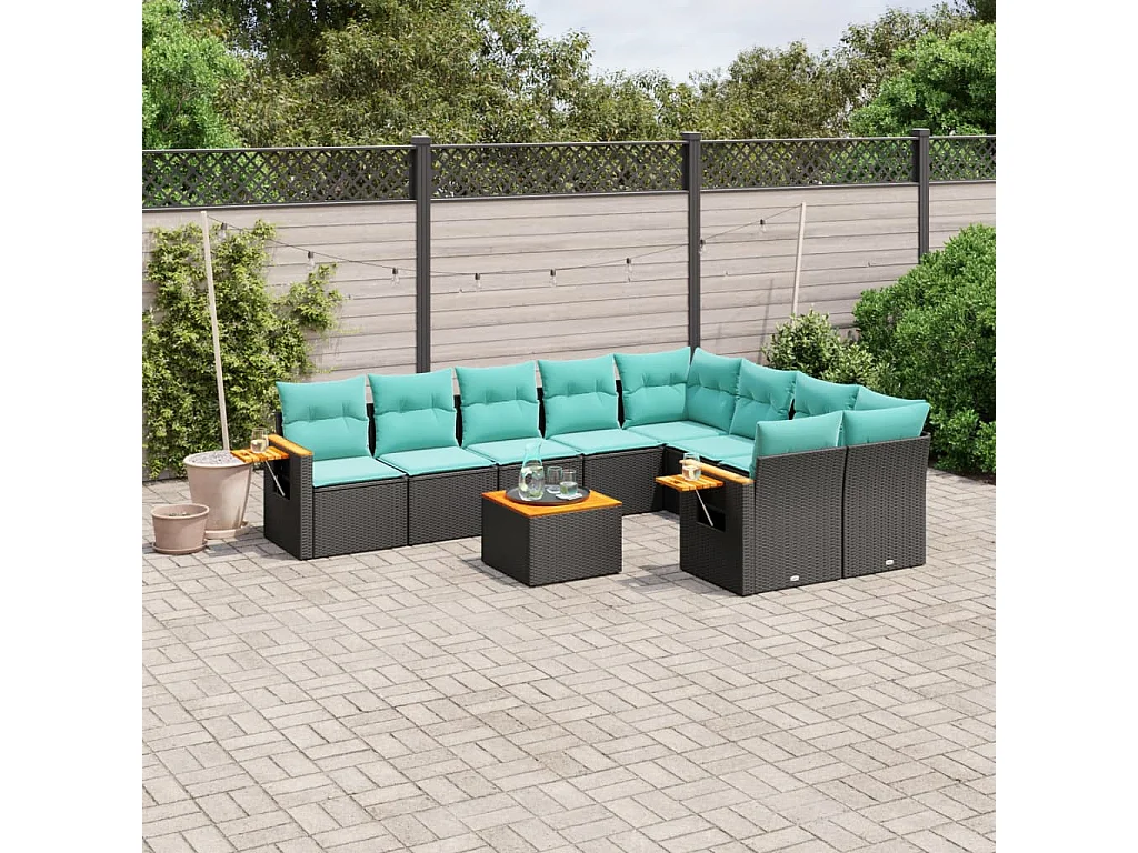 Garden Furniture - 10-tlg. Garten-Sofagarnitur mit Kissen Schwarz Poly Rattan