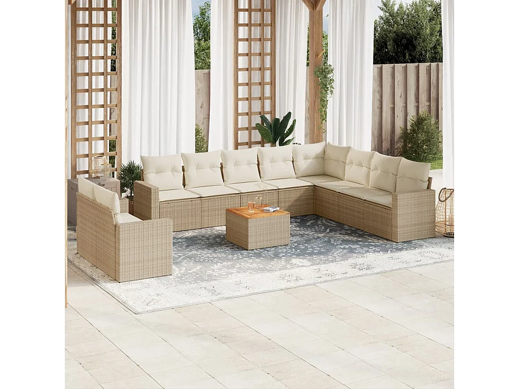 Garden Furniture - 11-tlg. Garten-Sofagarnitur mit Kissen Beige Poly Rattan