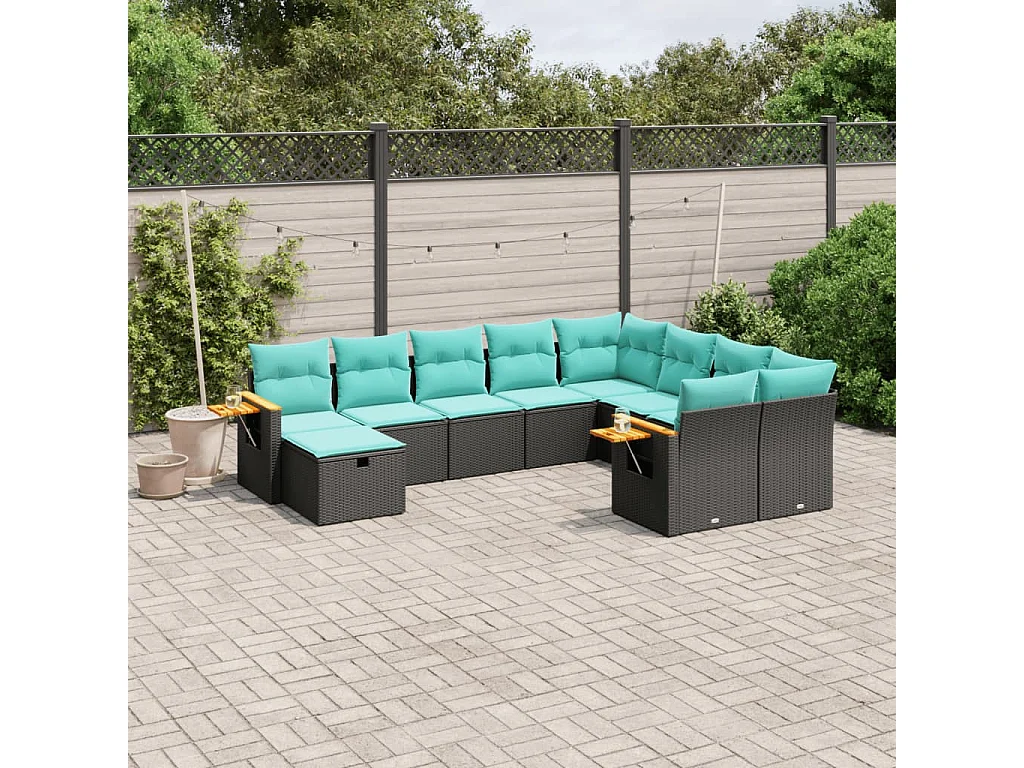 Garden Furniture - 10-tlg. Garten-Sofagarnitur mit Kissen Schwarz Poly Rattan