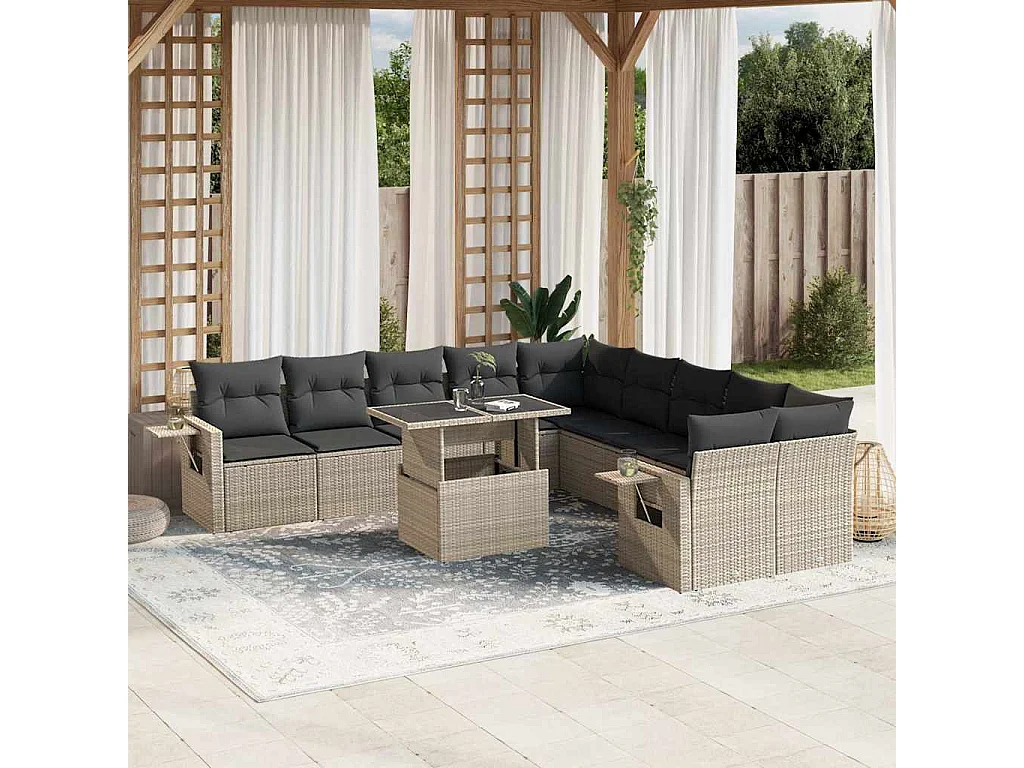 Garden Furniture - 11-delige Loungeset met kussens poly rattan lichtgrijs