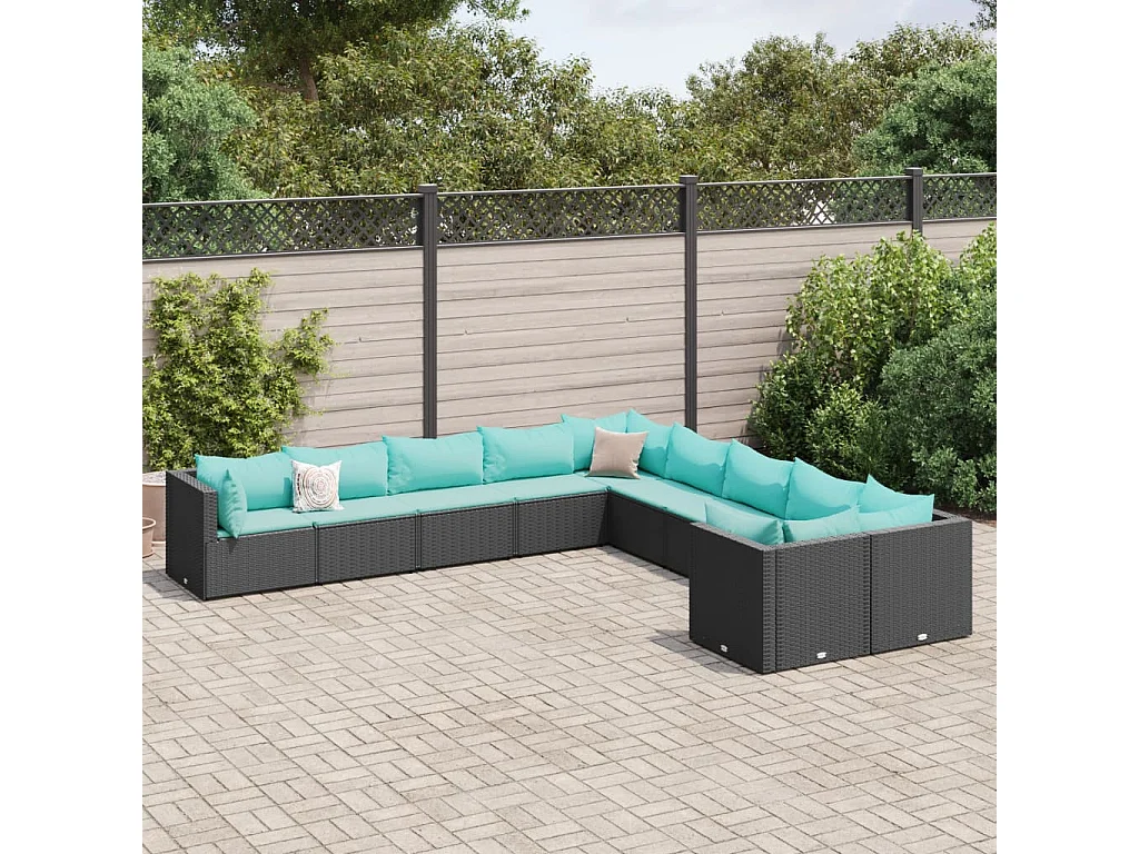 Garden Furniture - 10-tlg. Garten-Sofagarnitur mit Kissen Schwarz Poly Rattan