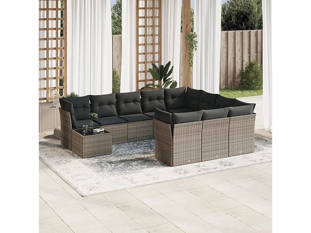 Garden Furniture - 11-tlg. Garten-Sofagarnitur mit Kissen Grau Poly Rattan