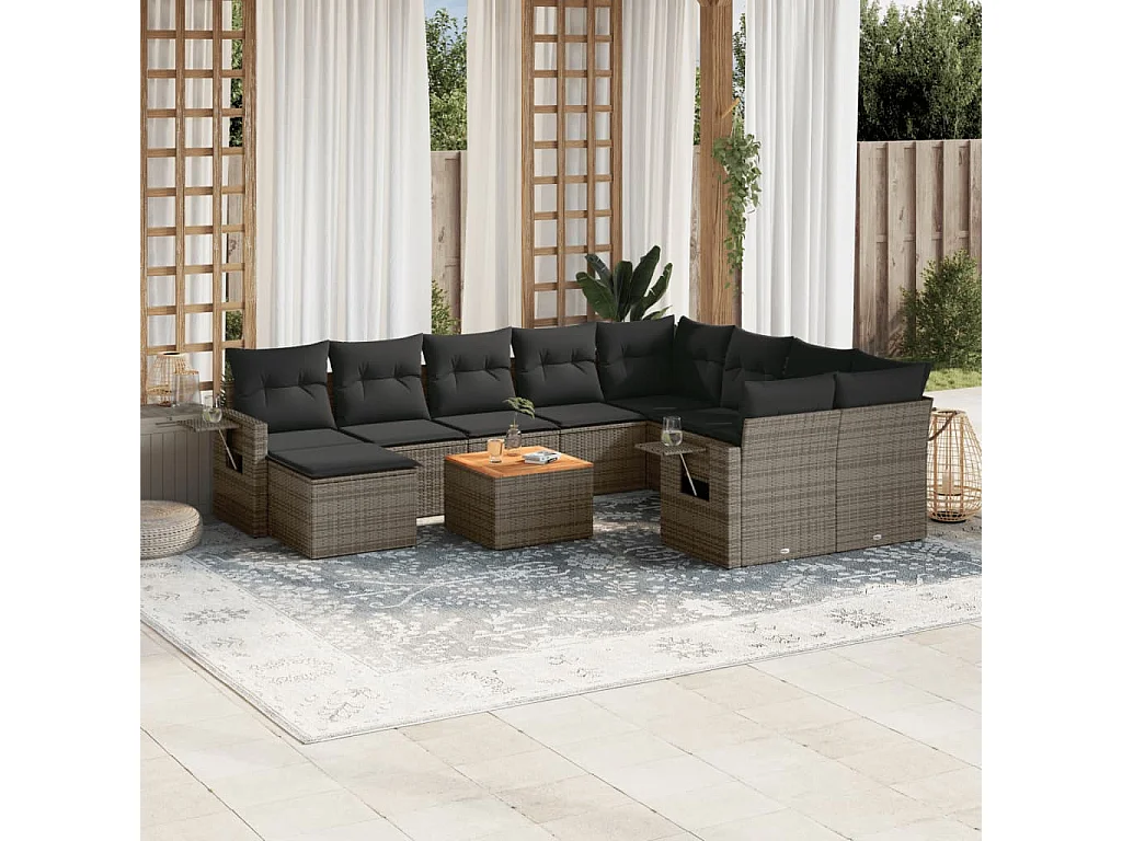 Garden Furniture - 11-tlg. Garten-Sofagarnitur mit Kissen Grau Poly Rattan