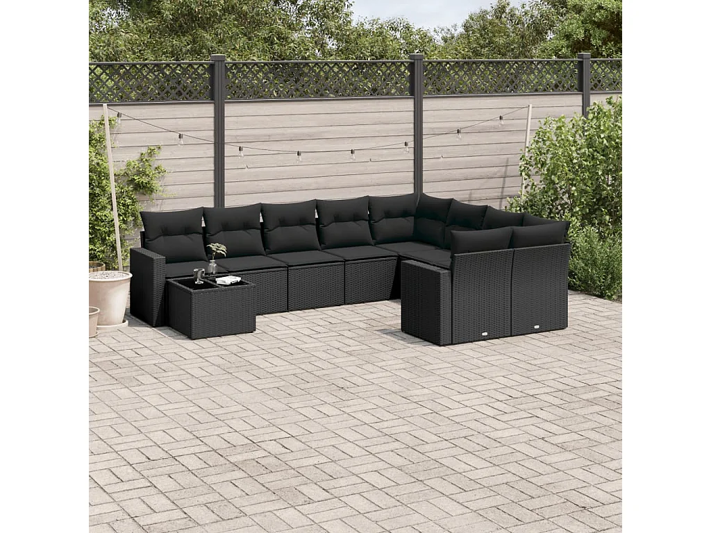 Garden Furniture - Set Divani da Giardino 10pz con Cuscini in Polyrattan Nero