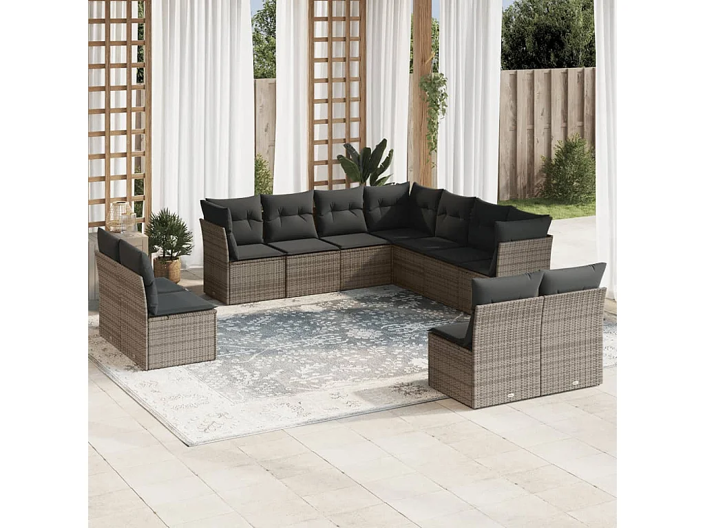 11 pcs conjunto sofás de jardim c/ almofadões vime PE cinzento