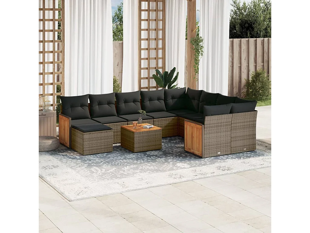 Garden Furniture - 11-tlg. Garten-Sofagarnitur mit Kissen Grau Poly Rattan
