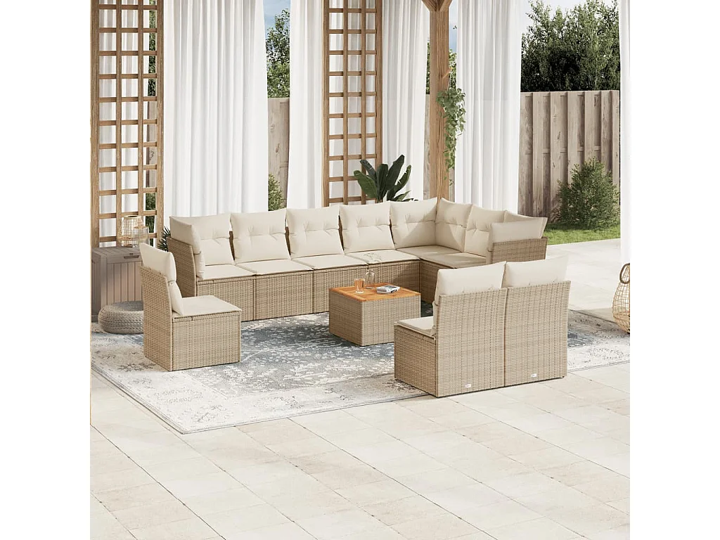 Garden Furniture - Set Divani da Giardino 11 pz con Cuscini Beige in Polyrattan