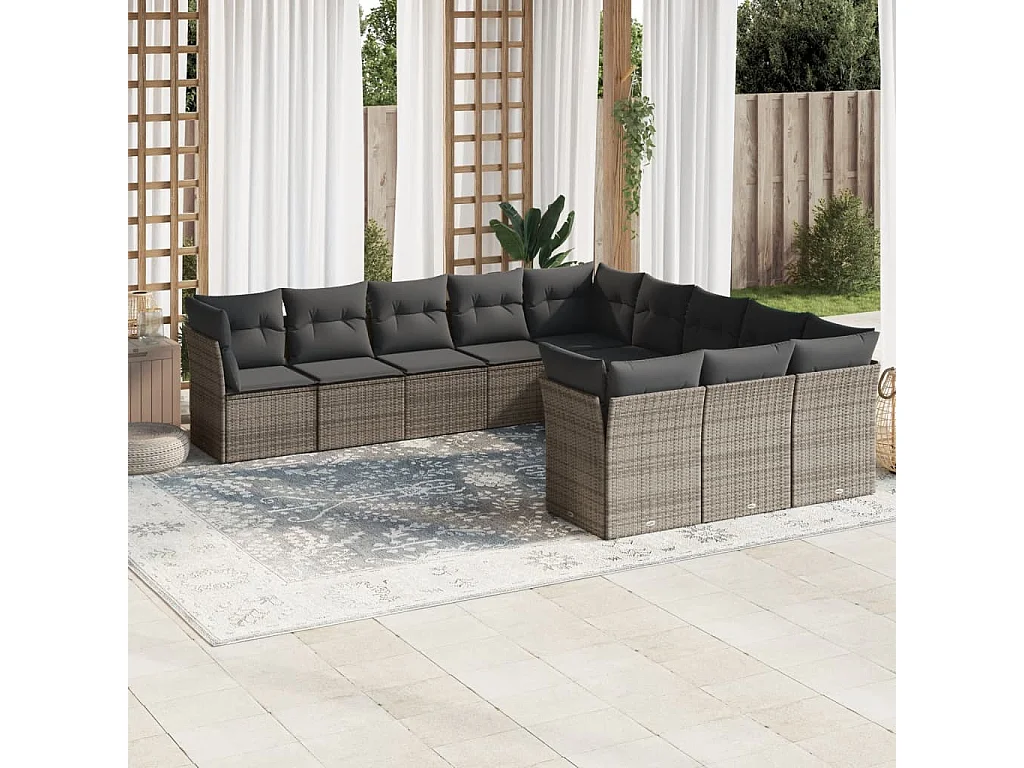 Garden Furniture - 11-tlg. Garten-Sofagarnitur mit Kissen Grau Poly Rattan