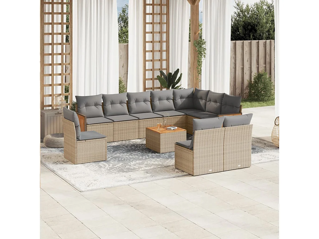 Garden Furniture - 11-tlg. Garten-Sofagarnitur mit Kissen Beige Poly Rattan