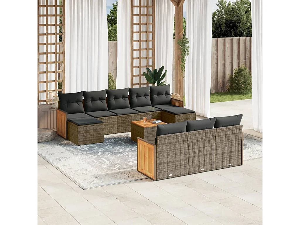Garden Furniture - 11-tlg. Garten-Sofagarnitur mit Kissen Grau Poly Rattan