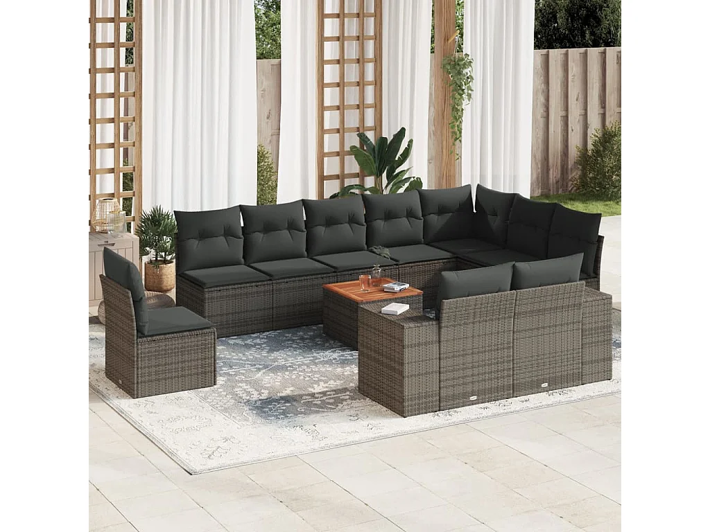 Garden Furniture - 11-tlg. Garten-Sofagarnitur mit Kissen Grau Poly Rattan