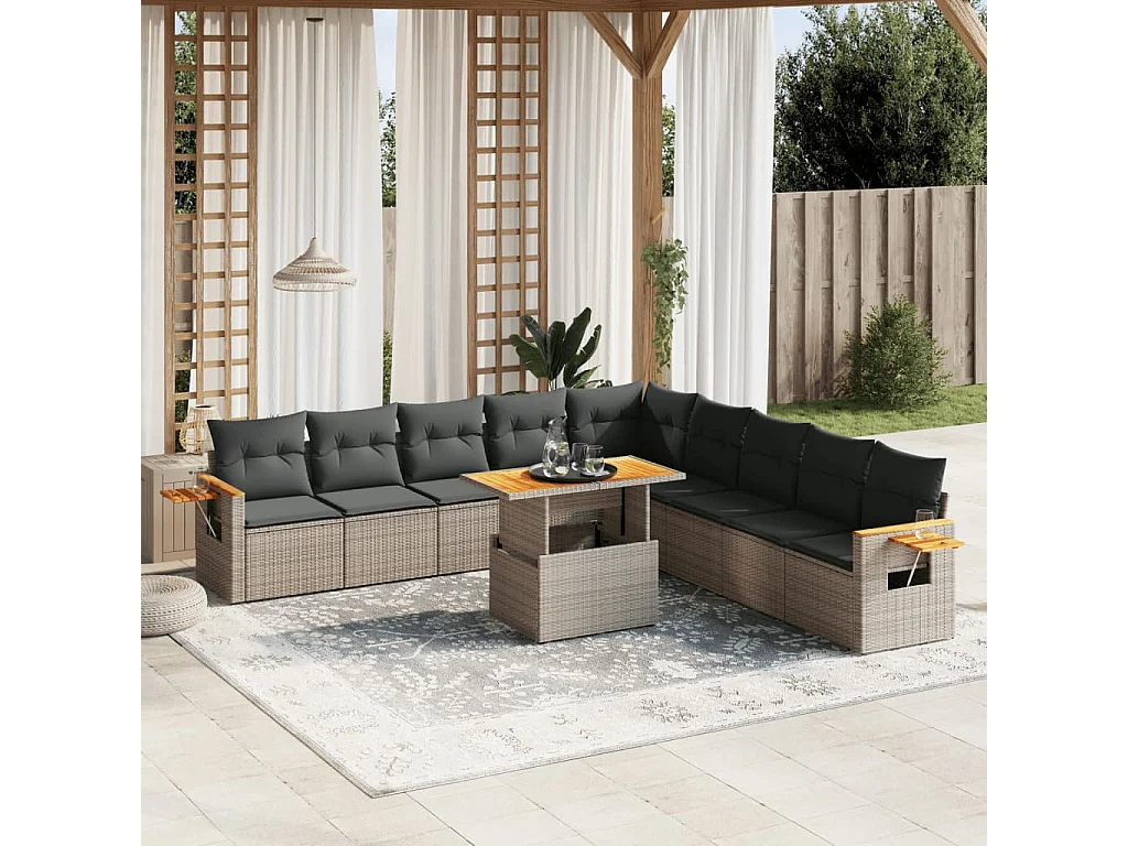 Garden Furniture - 11-tlg. Garten-Sofagarnitur mit Kissen Grau Poly Rattan