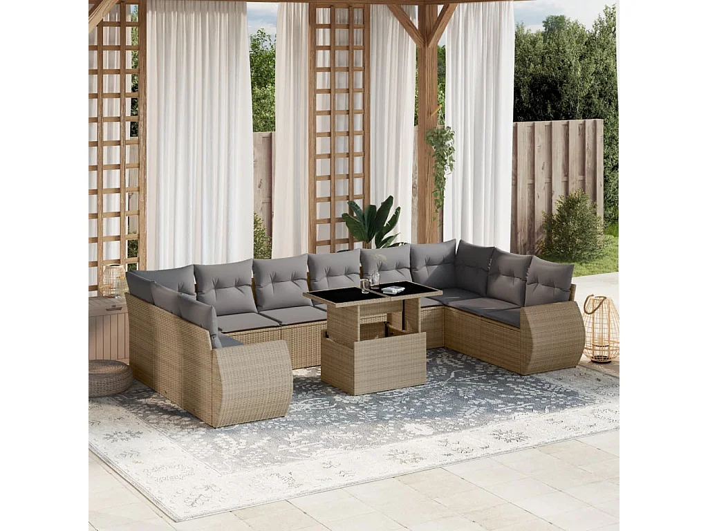 Garden Furniture - 11-tlg. Garten-Sofagarnitur mit Kissen Beige Poly Rattan