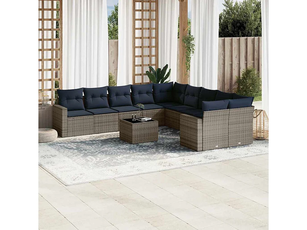 Garden Furniture - Salon de jardin 11 pcs avec coussins gris résine tressée