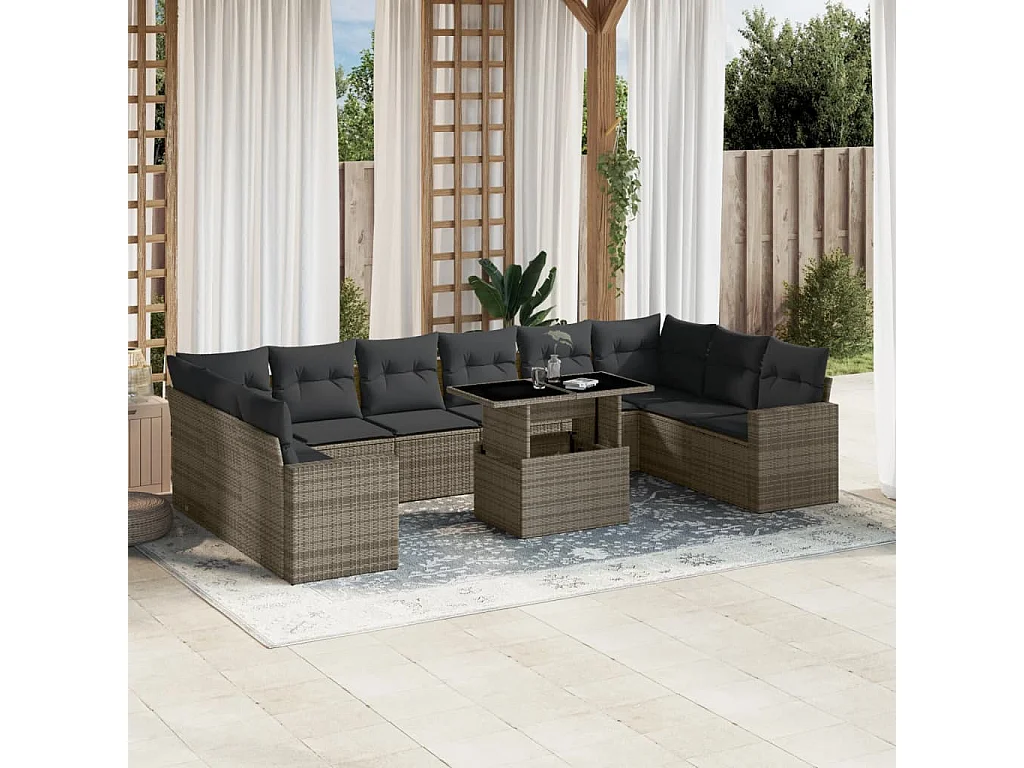 Garden Furniture - 11-tlg. Garten-Sofagarnitur mit Kissen Grau Poly Rattan