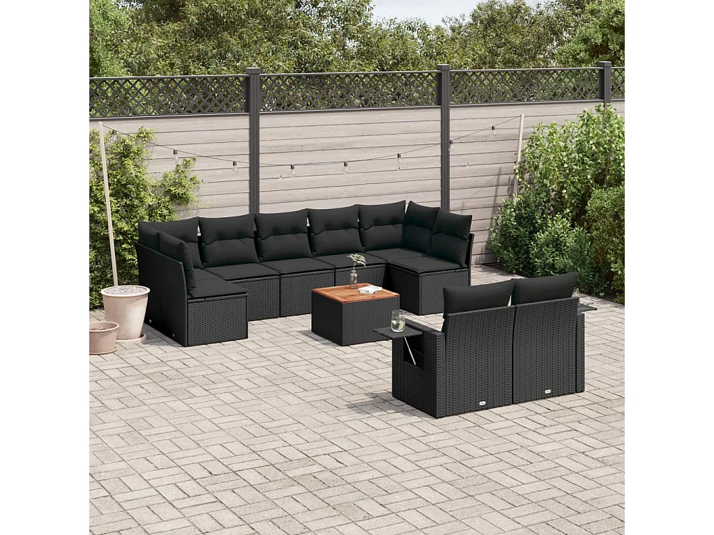 Garden Furniture - 10-tlg. Garten-Sofagarnitur mit Kissen Schwarz Poly Rattan