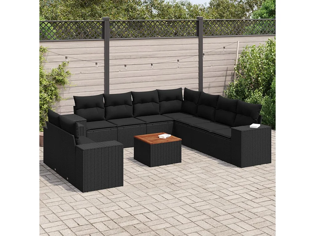 Garden Furniture - 10-tlg. Garten-Sofagarnitur mit Kissen Schwarz Poly Rattan