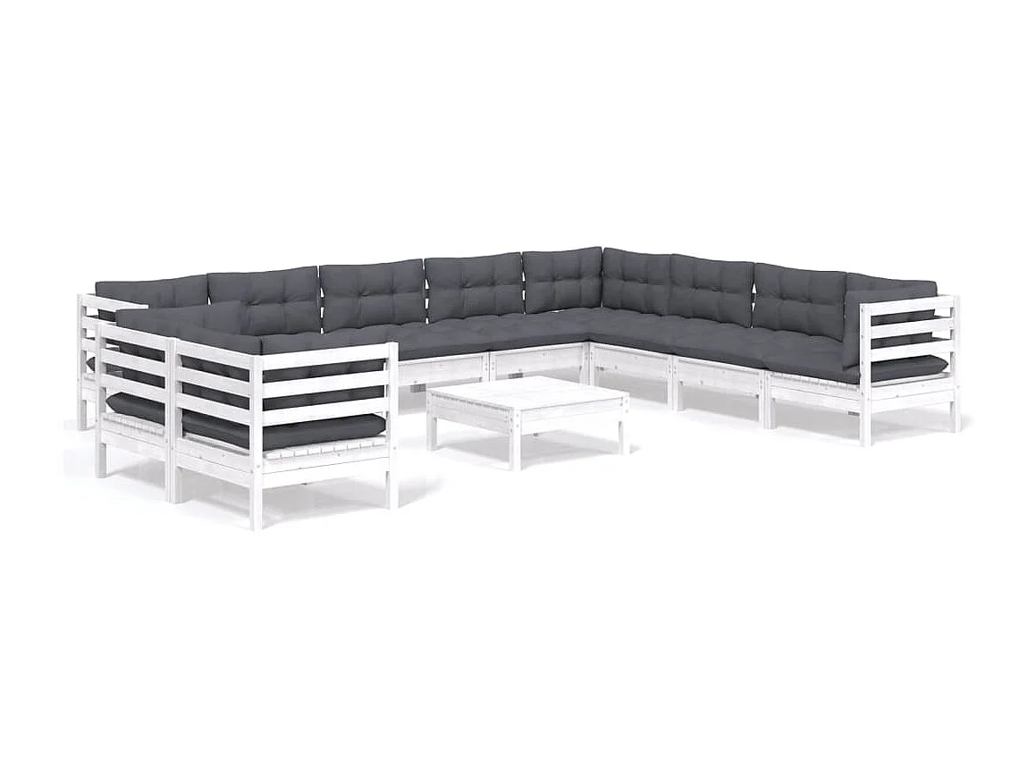 11 pcs conj. lounge de jardim c/ almofadões pinho maciço branco