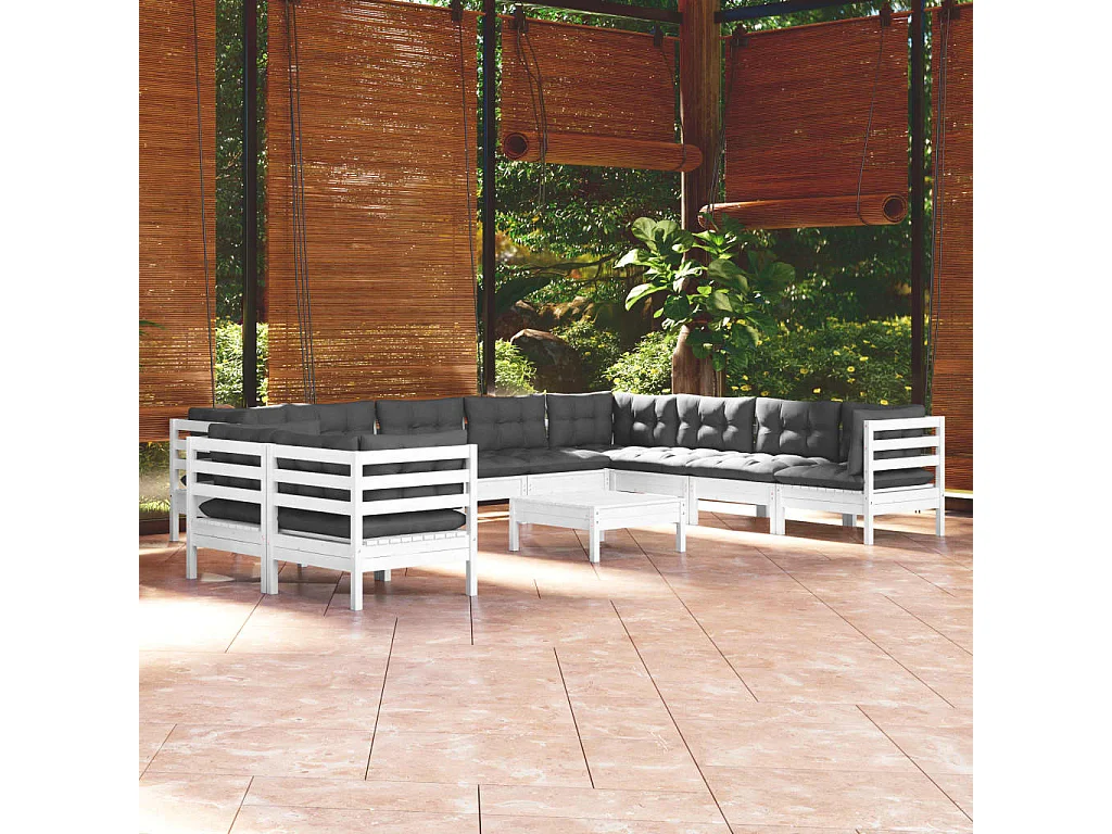 11 pcs conj. lounge de jardim c/ almofadões pinho maciço branco