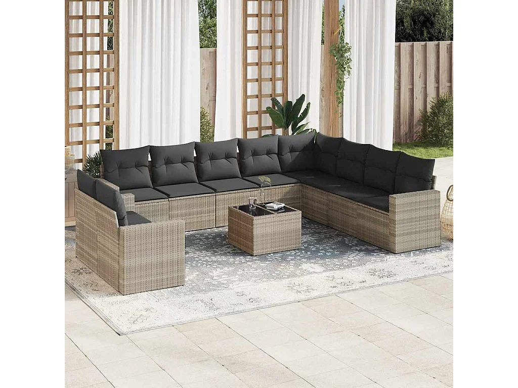 Garden Furniture - 11-tlg. Garten-Sofagarnitur mit Kissen Hellgrau Poly Rattan