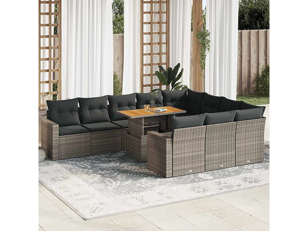 Garden Furniture - 11-tlg. Garten-Sofagarnitur mit Kissen Grau Poly Rattan