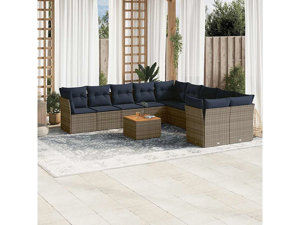 Garden Furniture - 11-tlg. Garten-Sofagarnitur mit Kissen Grau Poly Rattan