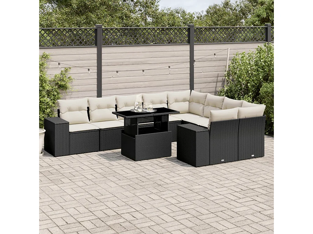 Garden Furniture - Set Divani da Giardino 10pz con Cuscini in Polyrattan Nero