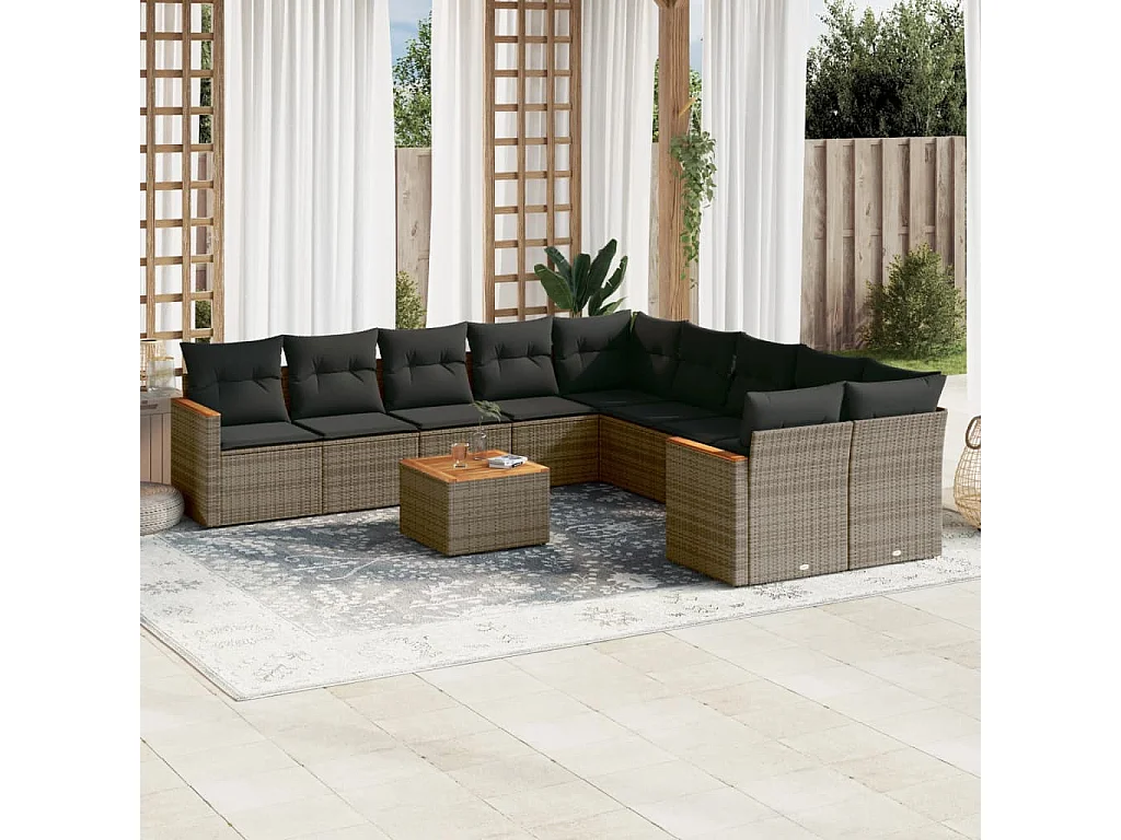 Garden Furniture - 11-tlg. Garten-Sofagarnitur mit Kissen Grau Poly Rattan