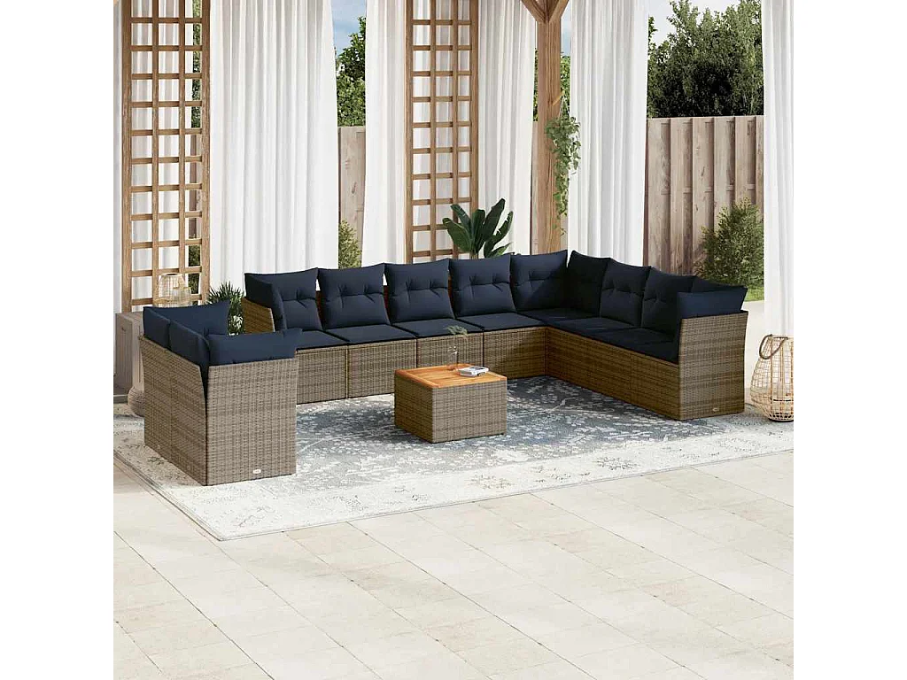 Garden Furniture - 11-tlg. Garten-Sofagarnitur mit Kissen Grau Poly Rattan