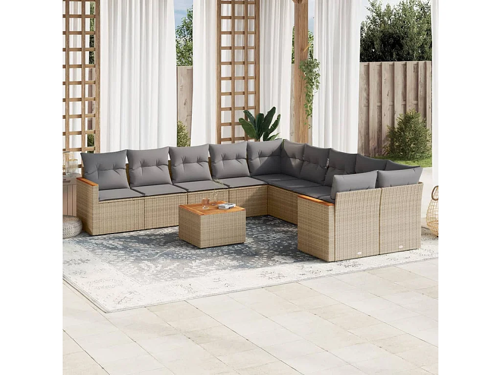 Garden Furniture - 11-tlg. Garten-Sofagarnitur mit Kissen Beige Poly Rattan