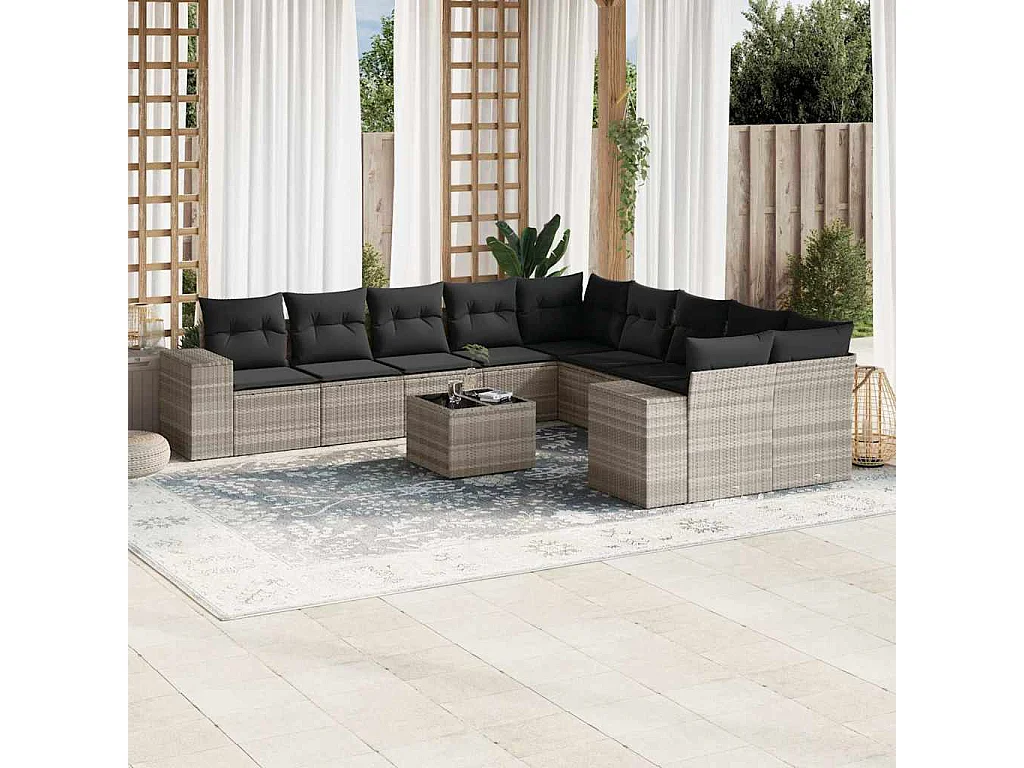 Garden Furniture - 11-tlg. Garten-Sofagarnitur mit Kissen Hellgrau Poly Rattan