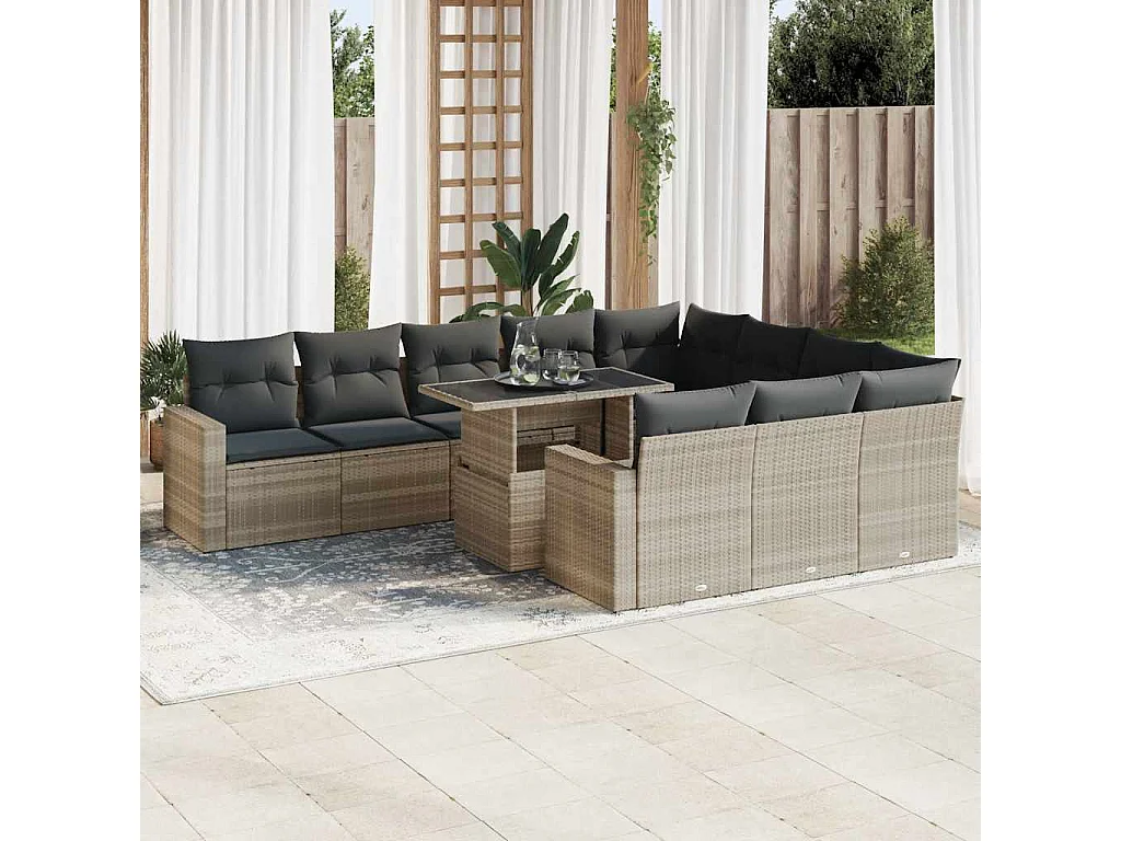 Garden Furniture - 11-tlg. Garten-Sofagarnitur mit Kissen Hellgrau Poly Rattan