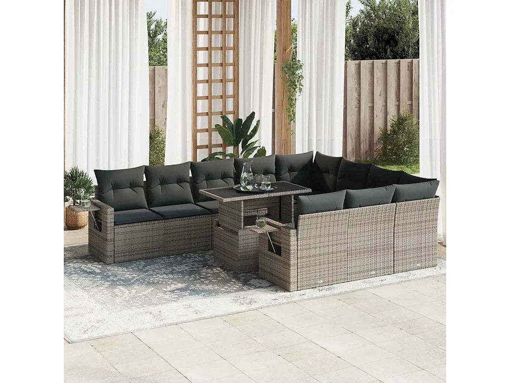 Garden Furniture - 11-tlg. Garten-Sofagarnitur mit Kissen Grau Poly Rattan