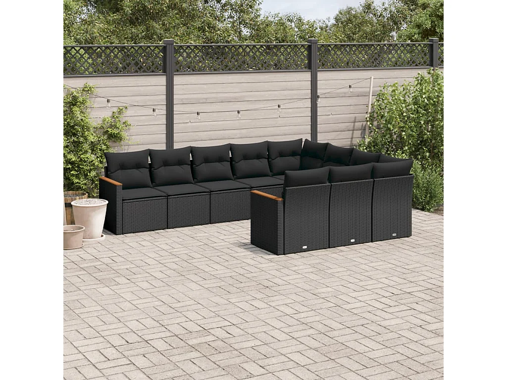 Garden Furniture - 10-tlg. Garten-Sofagarnitur mit Kissen Schwarz Poly Rattan