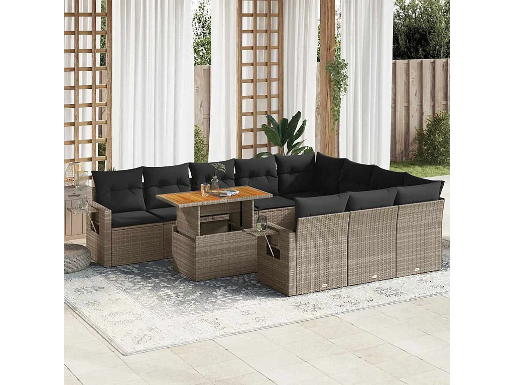 Garden Furniture - 11-tlg. Garten-Sofagarnitur mit Kissen Grau Poly Rattan