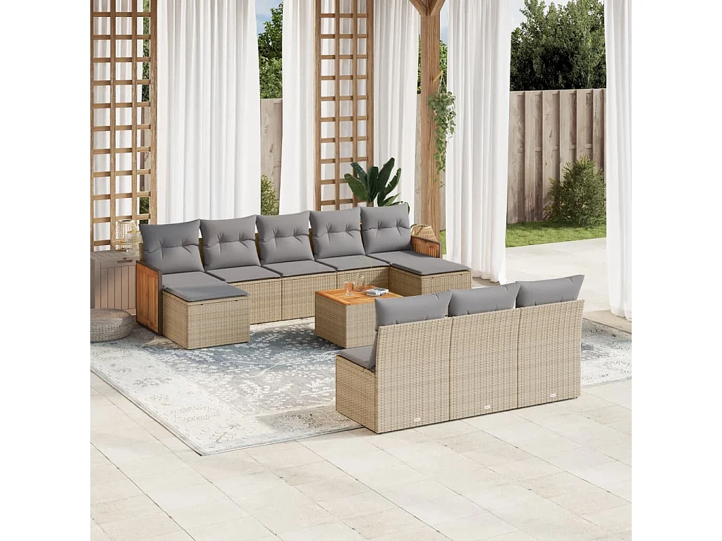 11 pcs conjunto sofás de jardim c/ almofadões vime PE bege