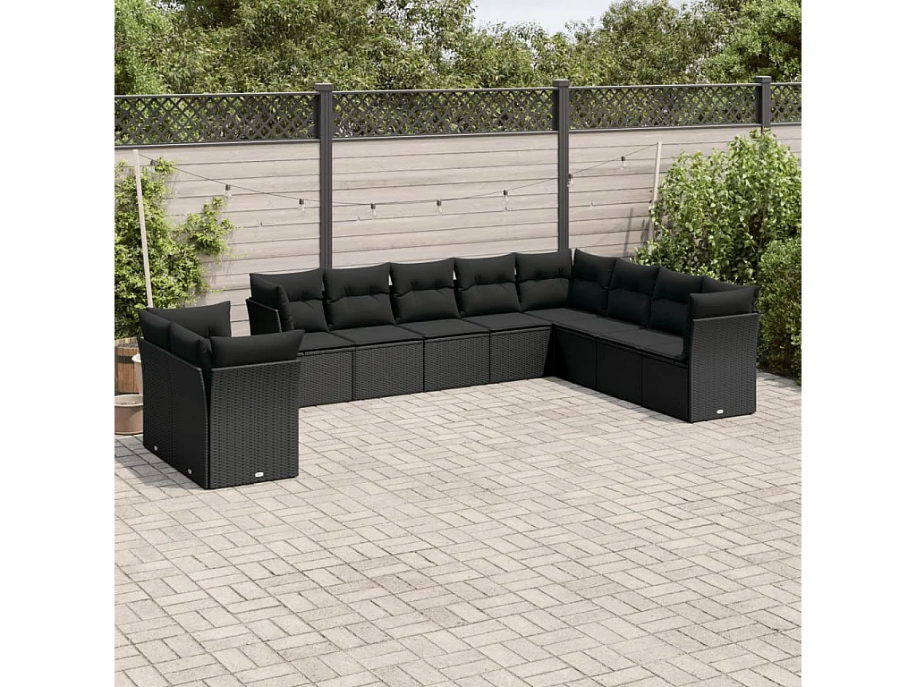 10 pcs conjunto sofás de jardim c/ almofadões vime PE preto